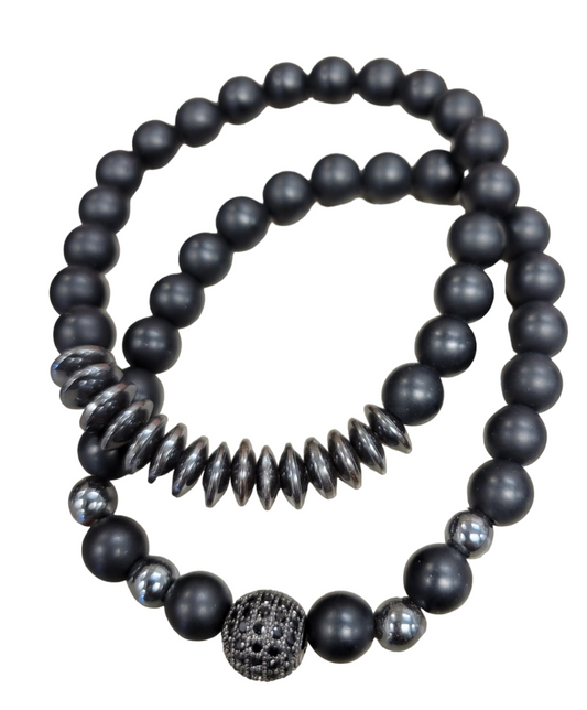 Chakra Black and Hematite Bead Bracelet with Charm Set - B.Y.U.S. Apparel and More